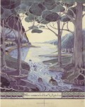 First appeared in the second English impression of The Hobbit (1938), but was the only one of the five pictures submitted for the first American edition (1938) to be rejected by the publisher. Tolkien expressed his disappointment to the publisher that they had omitted 'the River-picture, in which on the whole the amateur artist caught the imagined scene most closely.' 