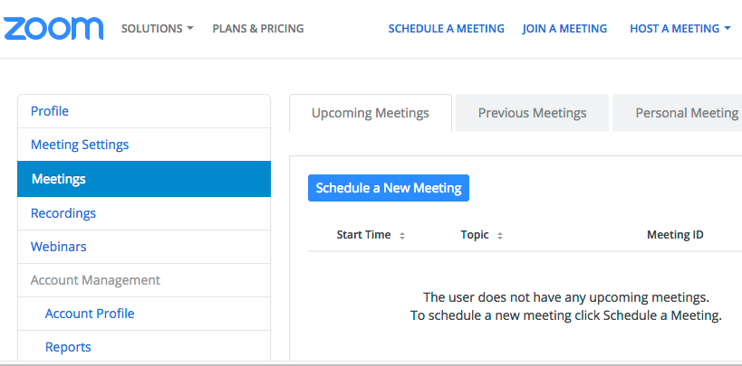 Page showing meeting options for Zoom