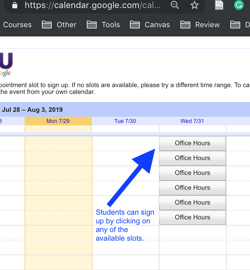 Screenshot shows how students can sign up for an appointment