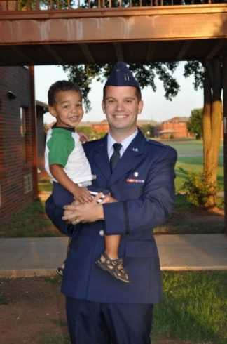 Dr. Matthew Wick, then a captain in the USAF on his first day of active duty service at Dyess with our 2-year-old son Braden