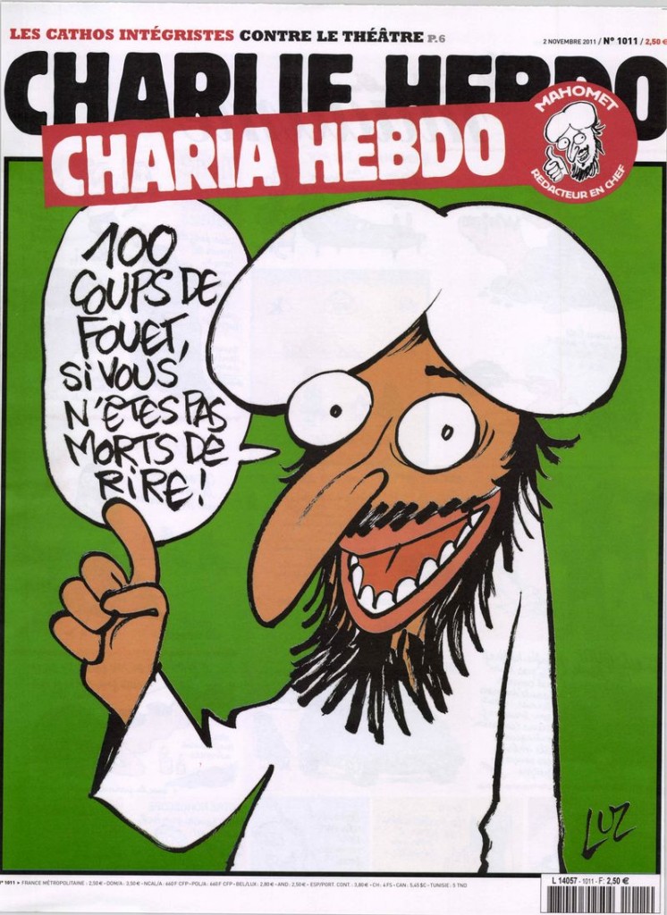 In 2011, the magazine published an article "guest edited by Mohammed," calling him "Charia Hebdo." On the cover, a grinning, bearded figure promised "100 lashes if you don't die of laughter."