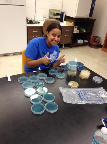 Katie Preston working with Aeromonas blue medium