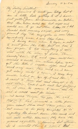 Letter from J. Ridley to Zelma in 1936, page one.  Manuscript letter, John Ridley Stroop Collection, Milliken Special Collections, Abilene Christian University, Abilene, TX.