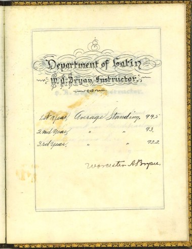 Department of Latin, signed by Worcester A. Bryan. T. F. Dunn Nashville Bible School Diploma, 1898. Diploma, John Ridley Stroop Collection, Milliken Special Collections, Abilene Christian University, Abilene, TX.