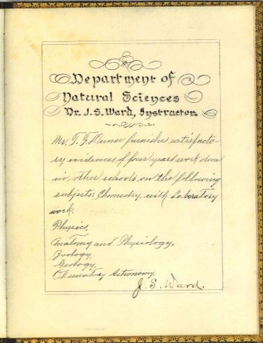 Department of Natural Sciences, signed by J. S. Ward. T. F. Dunn Nashville Bible School Diploma, 1898. Diploma, John Ridley Stroop Collection, Milliken Special Collections, Abilene Christian University, Abilene, TX.