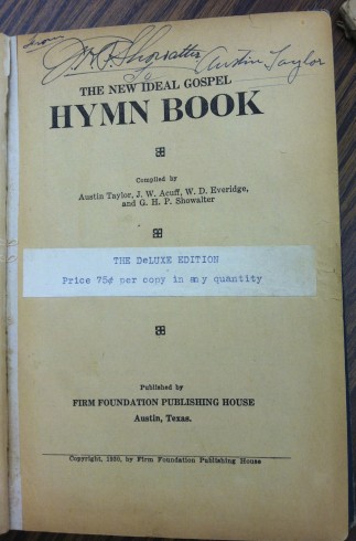 G. H. P. Showalter to Austin Taylor inscription, New Ideal Gospel Hymn Book, 1930