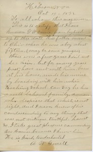Letter of Recommendation for G.W. Varner written by Elder A.W. Garrett. 