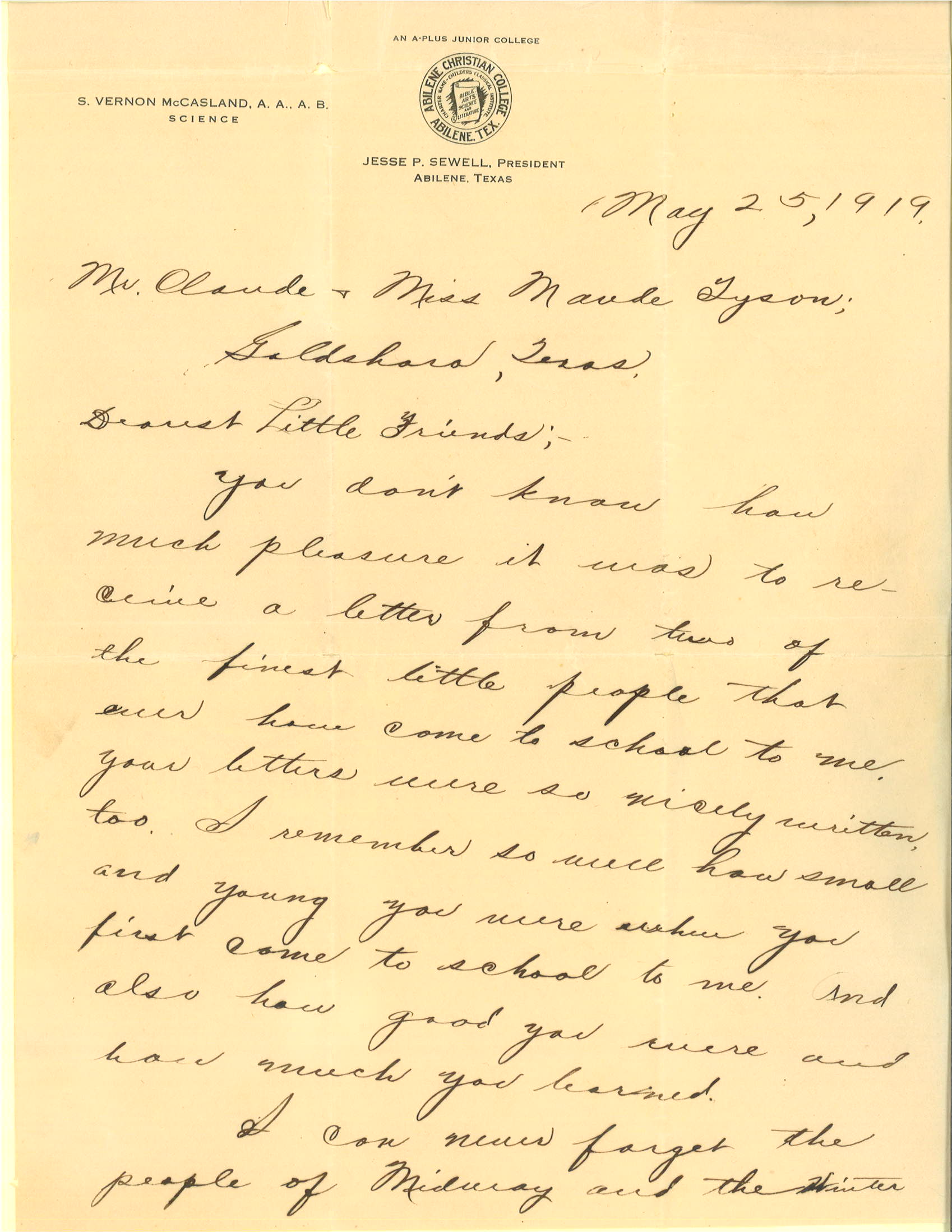 Letter, S. Vernon McCasland to Claude and Laude Tyson, May 25, 1919, p. 1