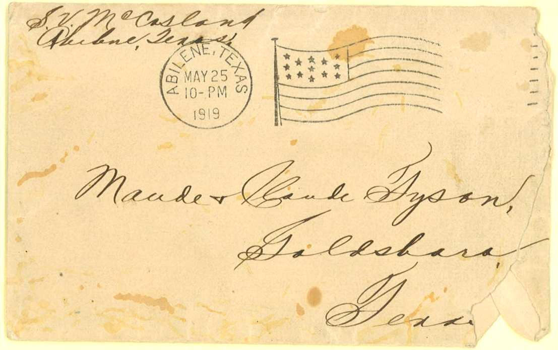 Letter, S. Vernon McCasland to Claude and Laude Tyson, May 25, 1919, envelope