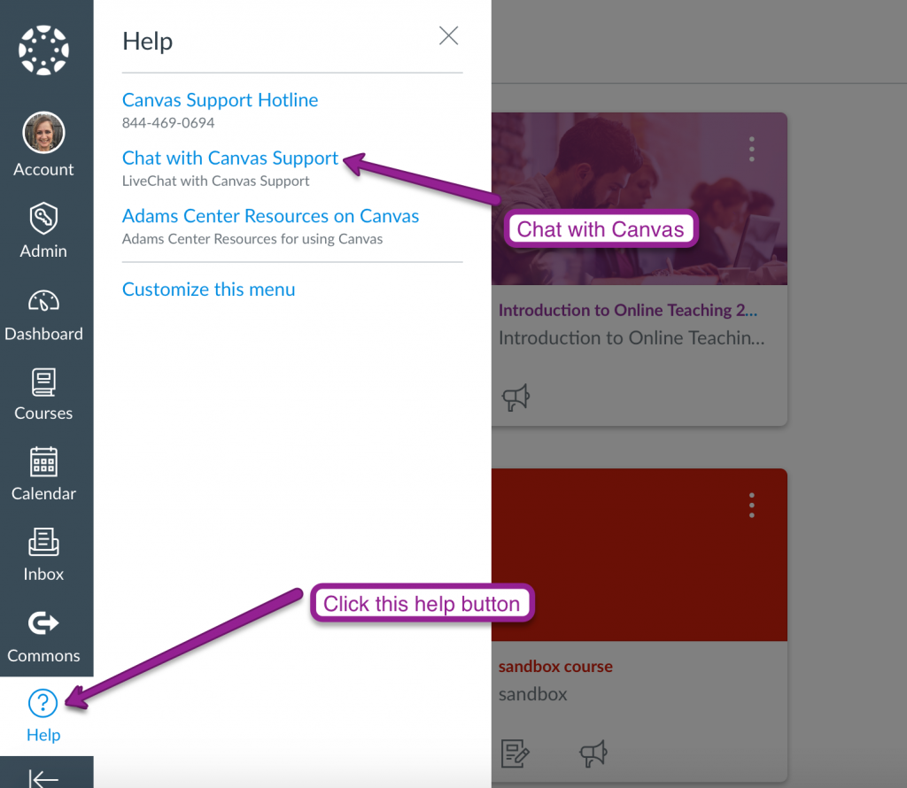 Get Canvas Help Adams Center