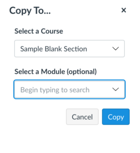 A screen that shows how to copy your course content