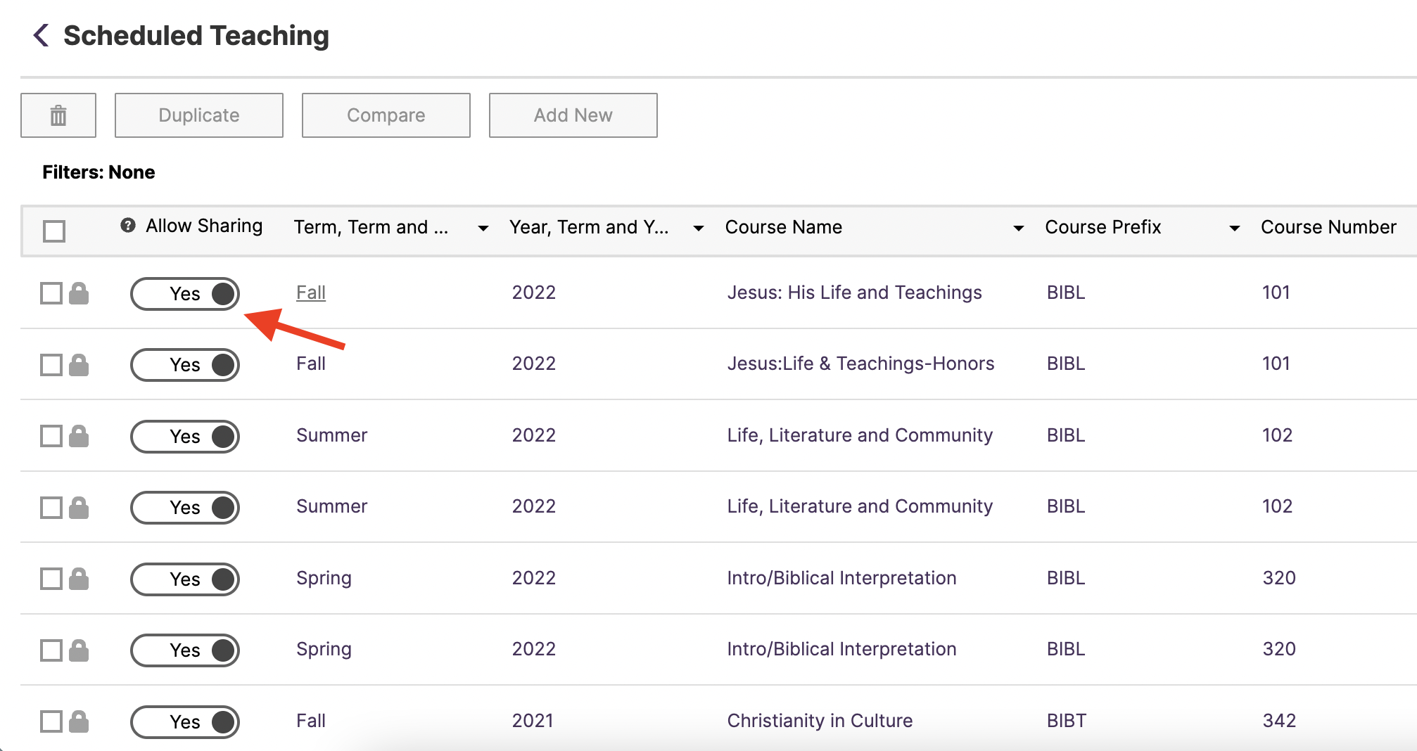 A screenshot of the Faculty Success interface opened to "Scheduled Teaching." An arrow points at the "Allow Sharing" column.