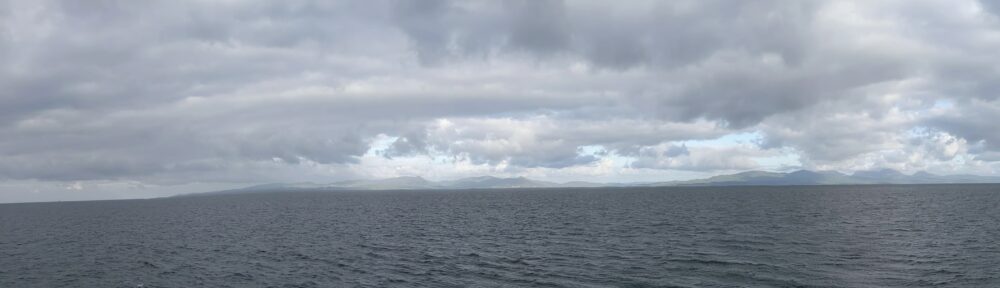 Mountainous islands of Islay (left) and Jura (right) seen from a ship approaching from the east.