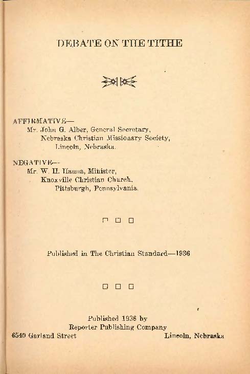 Debate on the Tithe, John G. Alber and W. H. Hanna, 1936, title page